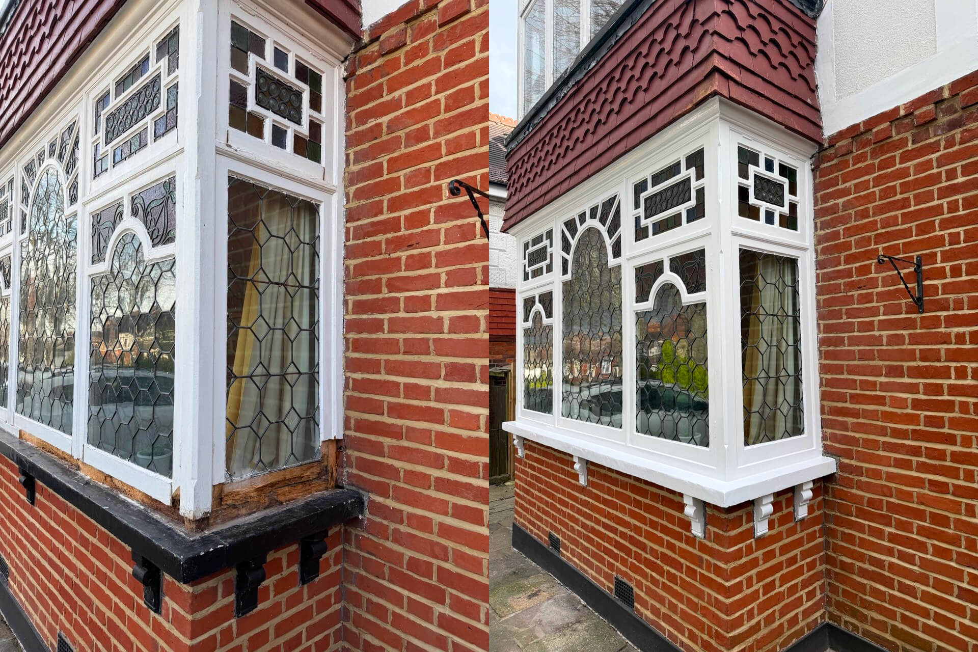 Two views of a bay window with decorative leaded glass, white wooden frames, and red brick walls showcase classic sash windows Cambridge style on the exterior of a building.
