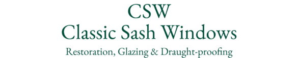 CSW Classic Sash Windows logo with the tagline "Restoration, Glazing & Draught-proofing" in green text on a light background, highlighting their expertise in sash windows Cambridge.