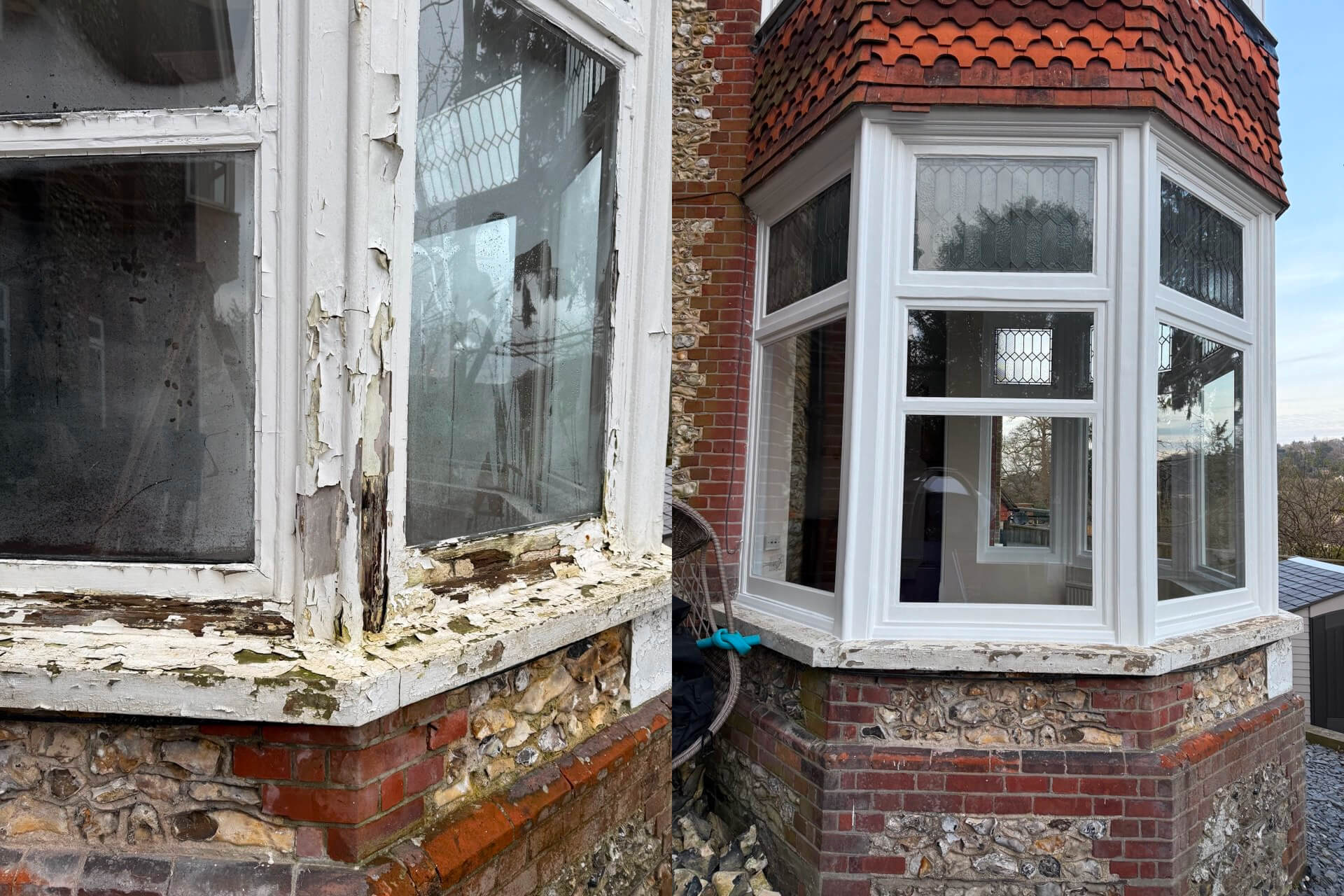 Two adjacent sash windows Cambridge on a brick and stone house; one window shows peeling paint and wood damage, whilst the other looks newly renovated.