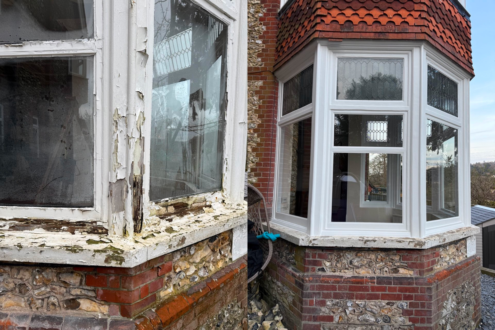 Two adjacent sash windows Cambridge-style grace a brick and stone house; one shows its age with peeling paint, whilst the other is newly restored and freshly painted.